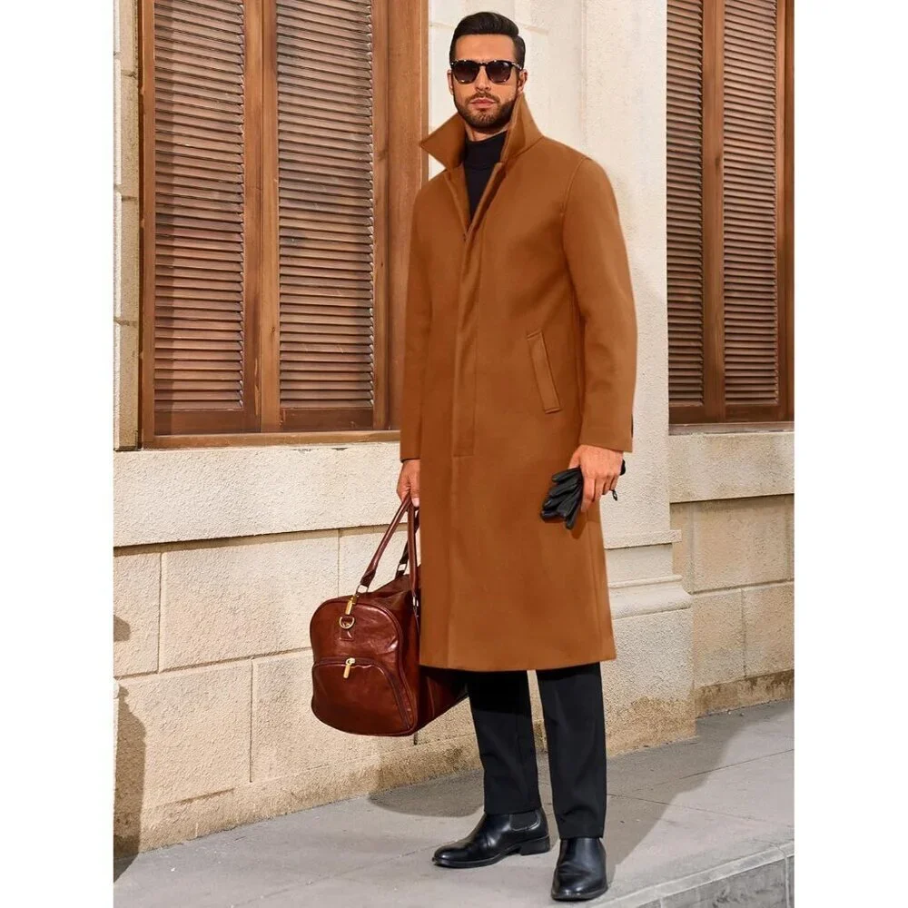 Men's Light Brown Long Trench Coat Single Breasted Casual Winter Warm Pea Coat
